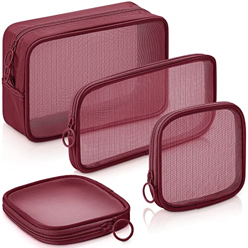 Weewooday 4Pcs Mesh Makeup Bag, Wine Red, Small, Large, Medium, Classic - color: Wine Red, size: Small, Large, Medium, style: Classic