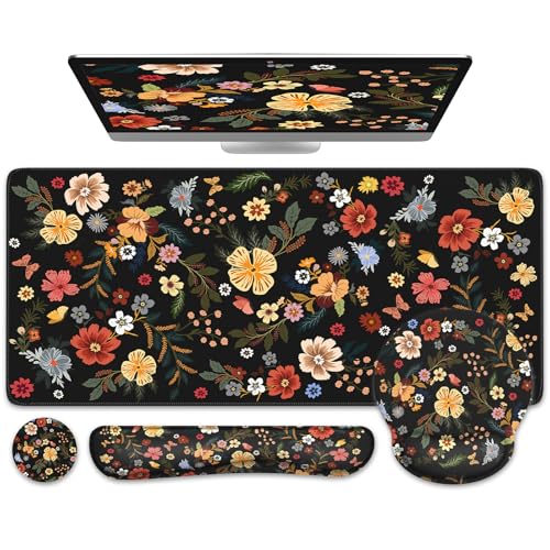 iCasso Desk Cover Mat, 4in1 Floral Large Mouse Pad with Wrist Rest - color: Flowers