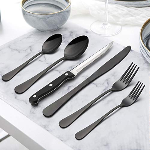 LIANYU 72-Piece Black Silverware Set with Steak Knives for 12, Stainless Steel Flatware Cutlery Set, Mirror Finish Tableware, Dishwasher Safe - color: Black