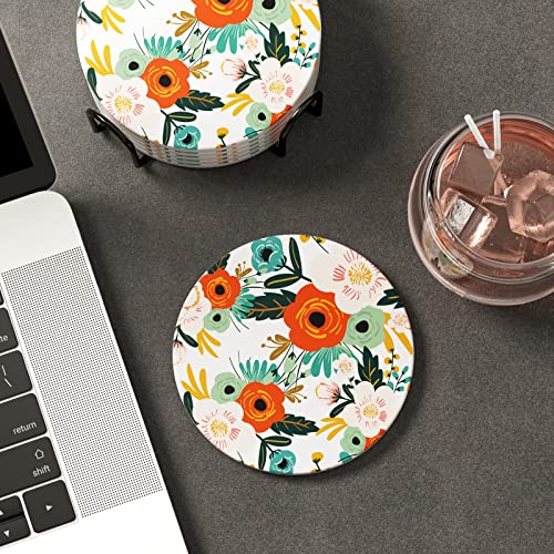 Coasters for Drinks, Set of 6 Cute Absorbent Ceramic Drink Coasters - color: Flower Illustration 01