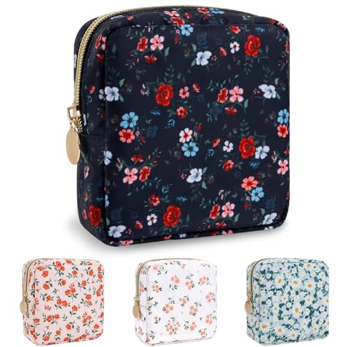 Nylon Mini Floral Makeup Bag for Purse, Small Cute Makeup Bag Preppy Cosmetic Zipper Pouch Purse, Waterproof Travel Coin Pouch Sanitary Napkin Storage Bag Makeup Organizer for Women(Navy Blue-Flower) - color: Navy Blue-Flower, size: Mini