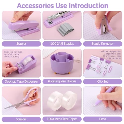SKYDUE Purple Office Supplies Set with Pencil Holder for Desk,11 PCS - color: Purple
