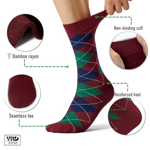 VRD Men's Dress Socks Bamboo Rayon, 5-Pack Crew Socks, Multiple Colors and Designs, Shoe Size 8-13, Gift Box - color: 09: Burgundy, 5-pack Mix (2 Solid, 1 Striped, 1 Dotted, 1 Argyle)
