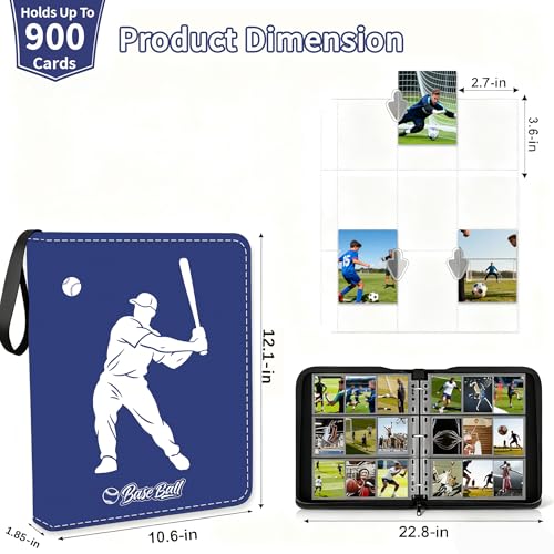Baseball Card Binder, 900 Pockets, Protective Trading Card Album - color: Baseball-Blue, size: 900 Pockets
