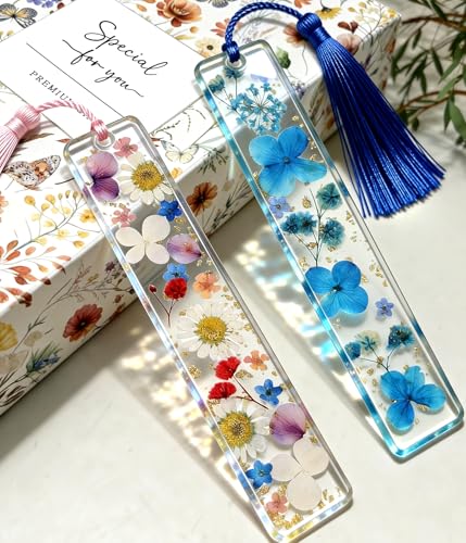 Buleens 2PCS Bookmarks for Women - Blue Book Marks for Readers Book Lovers, Personalized Handmade Dried Flower Resin Bookmark with Tassels, Pretty and Aesthetic - color: White Blue