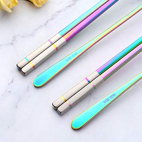 Buyer Star 4 Set Rainbow Square Chopsticks and Spoons Set Metal Stainless Steel Spoons Chopsticks Set - color: rainbow-square chopstick and spoon