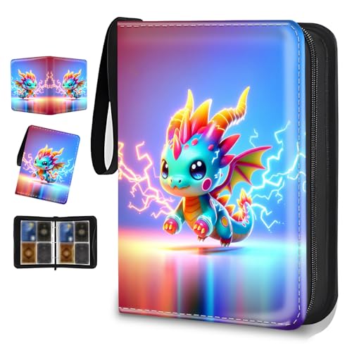 4 Pocket Trading Card Binder, Holds 400 Cards, Zipper Binder - color: Lightning Dragon