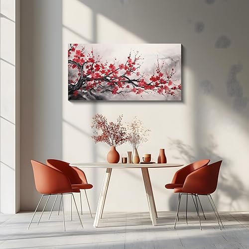 NAN Wind Asian Wall Art Traditional Chinese Decor Oriental Red Cherry Plum Blossom Canvas Pictures for Wall Decor for Living Room Landscape Artwork Framed Ready to Hang - color: Red-One Piece-1, size: 40"L x 20"W