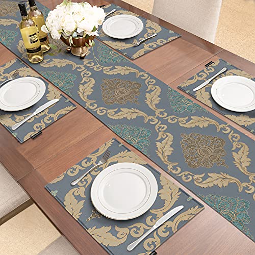 Loom and Mill Luxury Damask Placemats Double Layer, Set of 4, Grey Blue - color: Grey Blue_peyton, size: 4 Pieces
