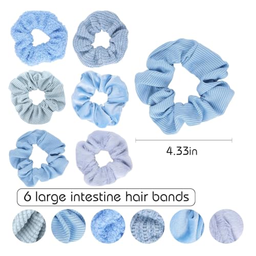 Scrunchies for Women Girls 6Pcs Blue Velvet Scrunchies for Thick Hair Ultra Textured Soft Scrunchy Hair Ties Solid Elastic Hair Bands Fuzzy Ponytail Holders Cute Hair Accessories Holiday Gift - color: Blue(A) 6PCS