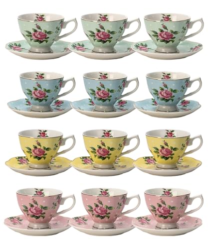BTaT- Floral Tea Cups and Saucers, Set of 12, 8 oz, Fine Porcelain Teacup Set with Gold Trim for Afternoon Tea, Weddings, Parties & Gifting, Dishwasher Safe, Lightweight, Non-Toxic - color: Multicolor, size: 12 Pack