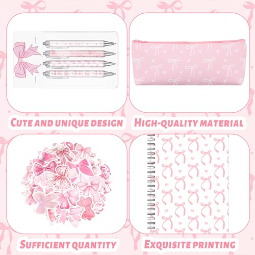 Sayglossy Pink Bow Set Pen Spiral Notebook Journal Pencil Case Sticker - color: Pink