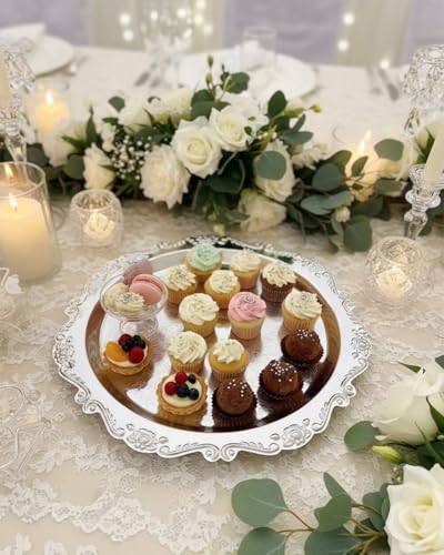 2PCS Coffee Table Tray 11.8in Round Decorative Tray Vintage Metal Dessert Plates for Snacks Fruit Silver - color: Silver, size: 11.8 in