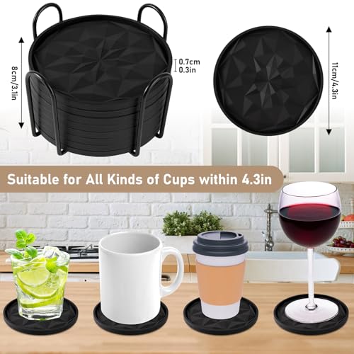 OIAHOMY 8 Pcs Coasters with Holder for Beer, Coffee, Silicone Coaster Set for Table Decor for Kitchen, Bar, Dining Room, Living Room, Housewarming Gifts - Black - color: Pure Black, size: 8Pcs