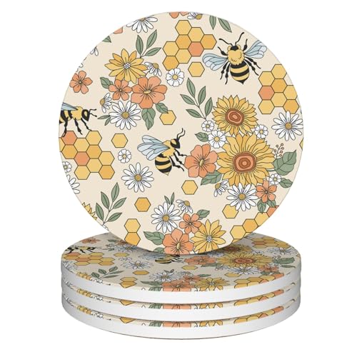 Coasters for Drinks,Retro 70s 60s Groovy Flower Bee Absorbent Coaster Set of 4 with Cork Base,Ceramic Drink Coasters for Cold Drinks Wine Glasses Cups Mugs,Housewarming Gifts for Home Decor - color: Retro 70s 60s Groovy Flower Bee