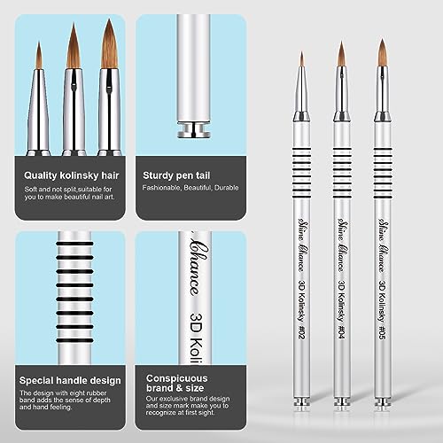 3Pcs 3D Nail Brushes Set Size 2 4 5, Kolinsky Hair Acrylic Flower Nail Art Brush, Art Design & Polish Mistake Cleaning Manicure Tools for Women Acrylic Application, Silver - color: Silver