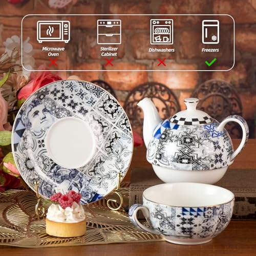 KAMMAK Tea for One Set, Ceramic Teapot, Bone China Tea Set, Cup and Saucer - color: Black and White-XY17