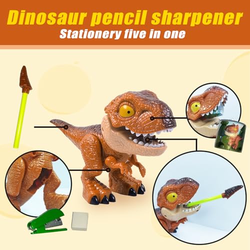 Dinosaur Model Stationery Set, 5 in 1 Dinosaur Stationery Set, Stationery School Supplies Kit Multi-Functional Pencil Pencil Sharpener Rubber Tapeline Stapler (Yellow)