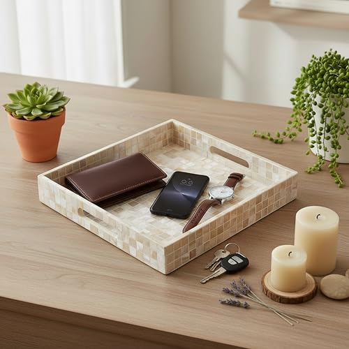 PEMAR Handcrafted Mother of Pearl Decorative Tray with Handles - 12" Square Mosaic Inlay Organizer for Coffee Table, Ottoman, Vanity & Bathroom - Luxury Coastal Home Decor (White Cream Squares) - color: White Squares