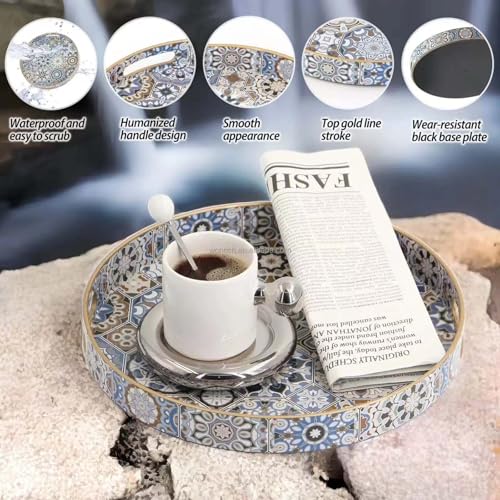 Round Serving Tray with Handles,Boho Modern Ottoman Coffee Table Tray - color: Round Tray - Boho Blue