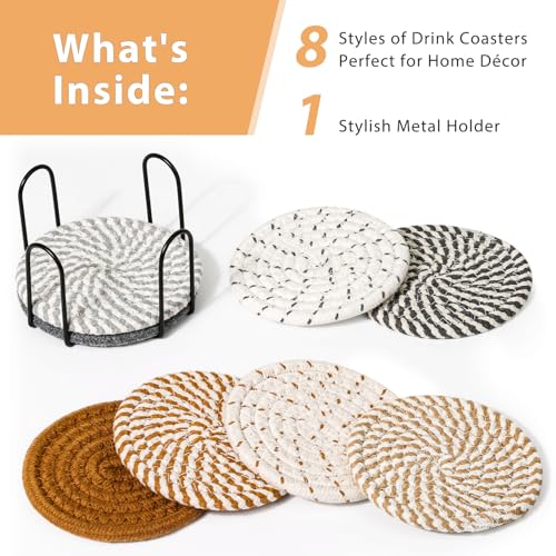 Mckanti 8 Style Drink Coasters with Holder, Absorbent Coasters for Coffee Table, Minimalist Cotton Woven Coaster Set for Home Decor Tabletop Protection Suitable for Kinds of Cups, 4.3 Inches. - color: Muti-color E