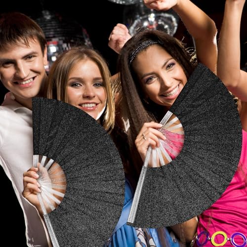 EOSAU 13" Glitter Folding Hand Fans Foldable Clacking Fans for Women Silver - color: 13" Black 04