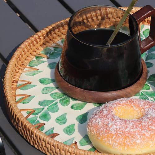 2 Pcs Rattan Mother of Pearl Inlay Serving Tray, Round Wicker Handwoven Coffee Table Boho Decor Tray Basket Tray for Fruit Food Kitchen Home Office Party Wedding (Leaf Spring)