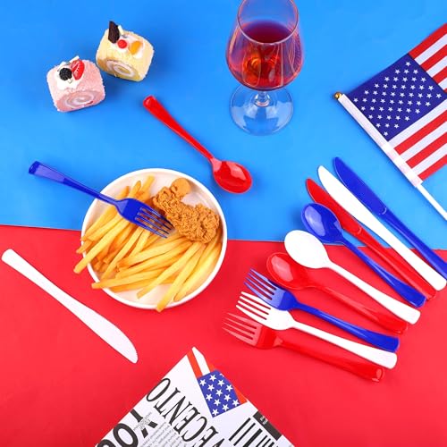 Kochorie 300 Pieces 4th of July Plastic Silverware, Heavy Duty Independence Day Cutlery Set, Disposable Plastic Utensils Includes Spoons Forks Knives for Memorial Day Veterans Day, Red Blue White - color: Red, Blue, White
