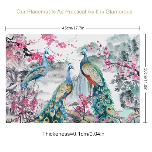 Peacock Placemats Set of 4, 12x18 Inch Vintage Japanese Landscape Traditional Ink Painting Cherry Blossom Asian Style Seasonal Spring Holiday Coffee Table Mats for Party Kitchen Dining Decoration - color: Pm-floral Bird02, size: 4pcs