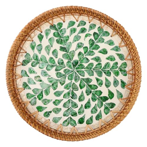 Handwoven Rattan Tray Pearl Inlay 11" Round Decorative Serving Tray Boho
