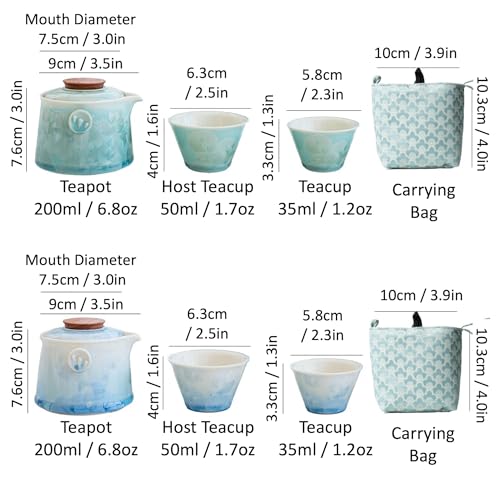 Hermit Life Chinese Travel Tea Set, Portable Ceramic Teapot for One to Two, Gongfu Tea Set with Crystal Glaze, 1 Pot 2 Cups, Gift for Tea Lovers (Mint Green) - color: Mint Green