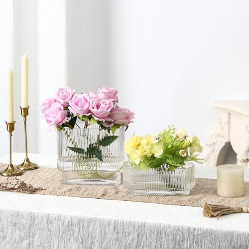 Short Glass Vases, Set of 2 Clear Glass Vases for Tulips, Ribbed Vase for Flowers, Modern Small Vase for Living Room, Dining Room, Bathroom, Desk, Shelf, Wedding, Office - color: Clear, size: Oval x2