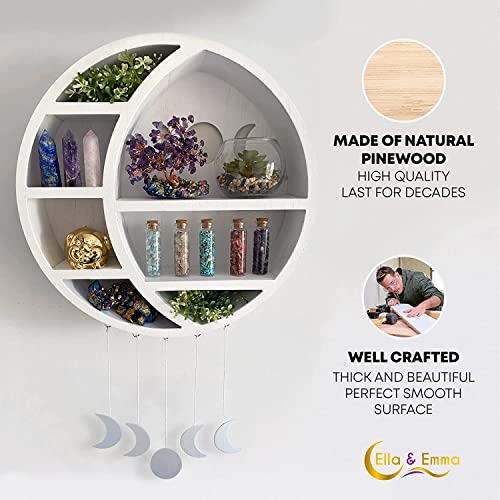 Wooden Crescent Moon Shelf - Round Wall Crystal Shelf, Witchy Circle Decor - color: White