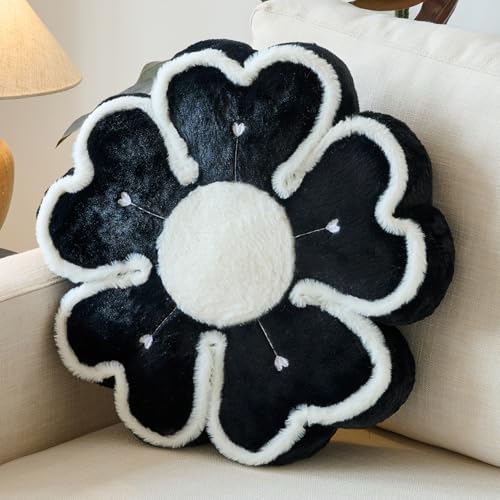 Flower Shaped Decorative Throw Pillow Cushion for Bed Couch, Cute Flower Plush Throw Pillows Home Decor Floor Pillow Seating Cushions (Black, 13.7 Inches) - color: Black, size: 13.7 Inches