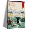 Framed Japanese Black Cat Canvas Wall Art Edo Period Mount Fuji Wall Decor Funny Cute Cat Animal Posters Pictures Japanese Ukiyoe Art Aesthetic Minimalism Painting Prints Bathroom Home Artwork