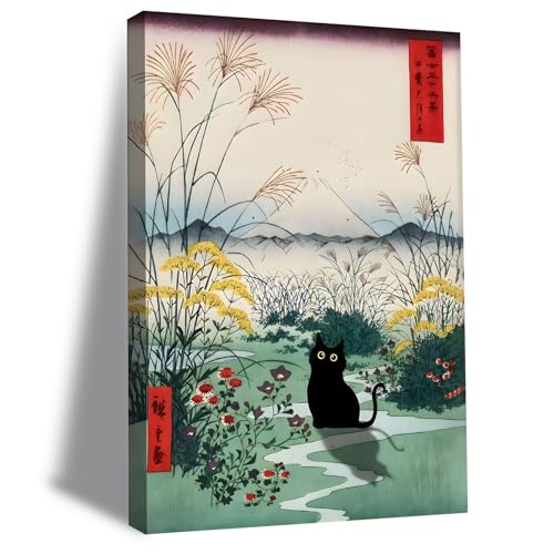 Framed Japanese Black Cat Canvas Wall Art Edo Period Mount Fuji Wall Decor Funny Cute Cat Animal Posters Pictures Japanese Ukiyoe Art Aesthetic Minimalism Painting Prints Bathroom Home Artwork