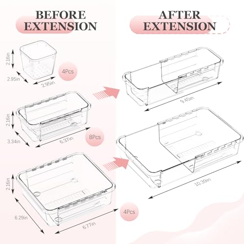 DILIBRA 16 Pcs Clear Extendable Drawer Organizer, 3-Size Adjustable - size: 4Pcs Large + 8Pcs Medium + 4Pcs Small