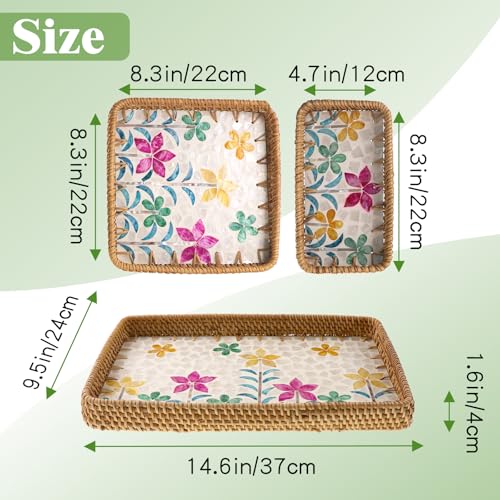 Rectangular Rattan Serving Tray with Mother of Pearl Inlay, Handwoven Wicker Decorative Tray for Fruit Breakfast Coffee Party Picnic Cafe Kitchen Home Decor 3 Sizes (Colorful Sunflower) - color: Colorful Sunflower
