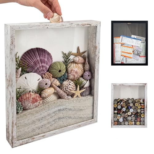GraduationMall 11x14 Top Loading Shadow Box Frame with HD Glass,Wood Display Case with Slot,1.25 inches Interior Depth,Ideal for Wine Bottle Caps,Tickets,Shells,Stamps and More,White - color: Rustic White, size: 11x14