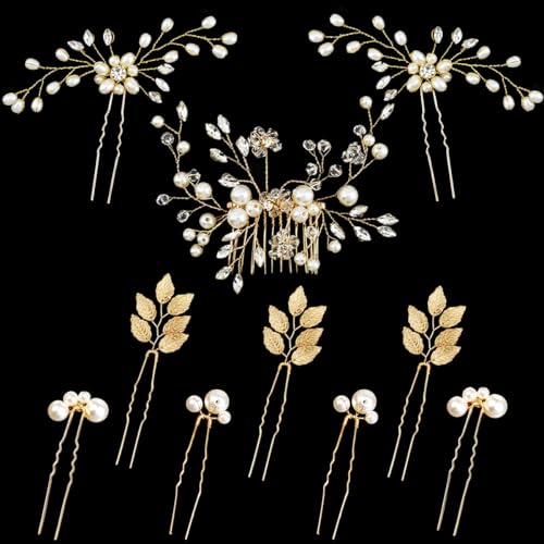 10 Pieces Gold Leaf Bridal Hair Pins, Wedding Headpiece Hair Jewelry with Pearl Rhinestone Wedding Hair Accessories for Bride Bridesmaids Flower Girls(Elegant Pearl)