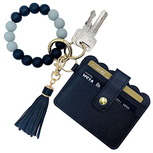 Keychain Wallet Wristlet Small Credit Card Holder Bracelet Key Chain Purse Bangle Tassel Beads Key Rings for Women - color: 01-black