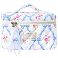 Sminra Large Travel Makeup Bag for Women, Quilted Cosmetic Case with Handle - color: Blue Bow Flowers-L