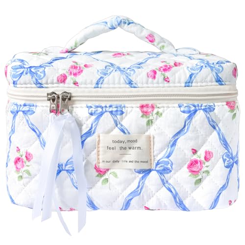 Sminra Large Travel Makeup Bag for Women, Quilted Cosmetic Case with Handle - color: Blue Bow Flowers-L