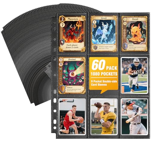 60 Pack 1080 Pockets Black Trading Card Sleeves Binder Sheets, Double Sided Thicken Game Card Sleeves for 3 Ring Binder, 9 Pocket Side Loading Page Protector for MTG, Yugioh, Game, Baseball Cards - color: Black-60 Pack