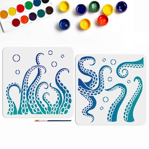 MAYJOYDIY 2pcs Octopus Tentacles Stencil 11.8×11.8inch Summer Sea Life Painting Stencils with Paint Brush Sea Creatures Bubbles Drawing Template for Bathroom Home Decor Walls Furniture - color: Octopus Tentacles