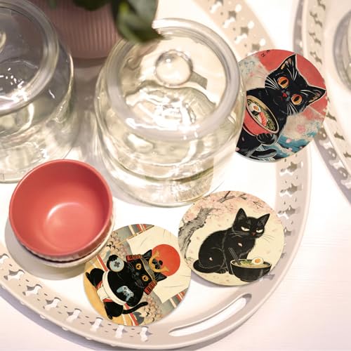 Coasters with Holder Set of 6, Japanese Ninja Cat Absorbent Cork Coaster Anime for Cup Desk Office Table Kitchen Decor House Warming Gifts for New Home Couples, Round 4" - color: Cat002