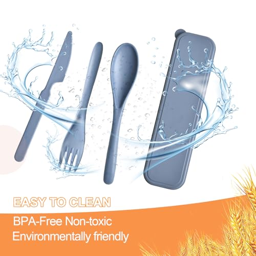Travel Utensils with Case, Camping Utensils Wheat Straw Reusable Utensils Set With Case, Knife Fork and Spoon Utensil for Lunch Box (2 Pack) - color: Blue, Light Blue