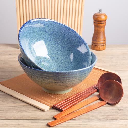 40oz Japanese Ceramic Ramen Bowl Set of 2 with Chopsticks and Spoons for Pho Udon Asian Soup Noodles (Sea Blue) - color: Sea Blue
