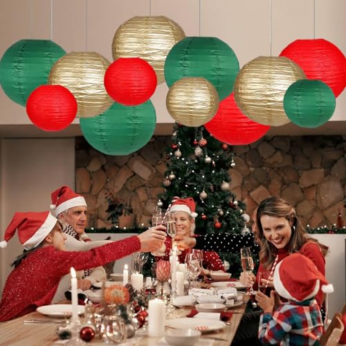 Green Red Paper Lanterns Decorative 12pcs Christmas Hanging Decorations for Graduation Anniversary Birthday Party - color: Red,chistmas Green,gold