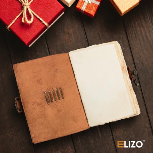 ELIZO Vintage Leather Bound Journal for Men & Women, Book of Shadows Grimoire Journal, Thick Strap&Lock Closure-200 Handmade Deckle Pages Genuine Leather Sketchbook Notebook, Teak Brown, 4X6 inches - size: 4x6 (Strap & Lock Closure)